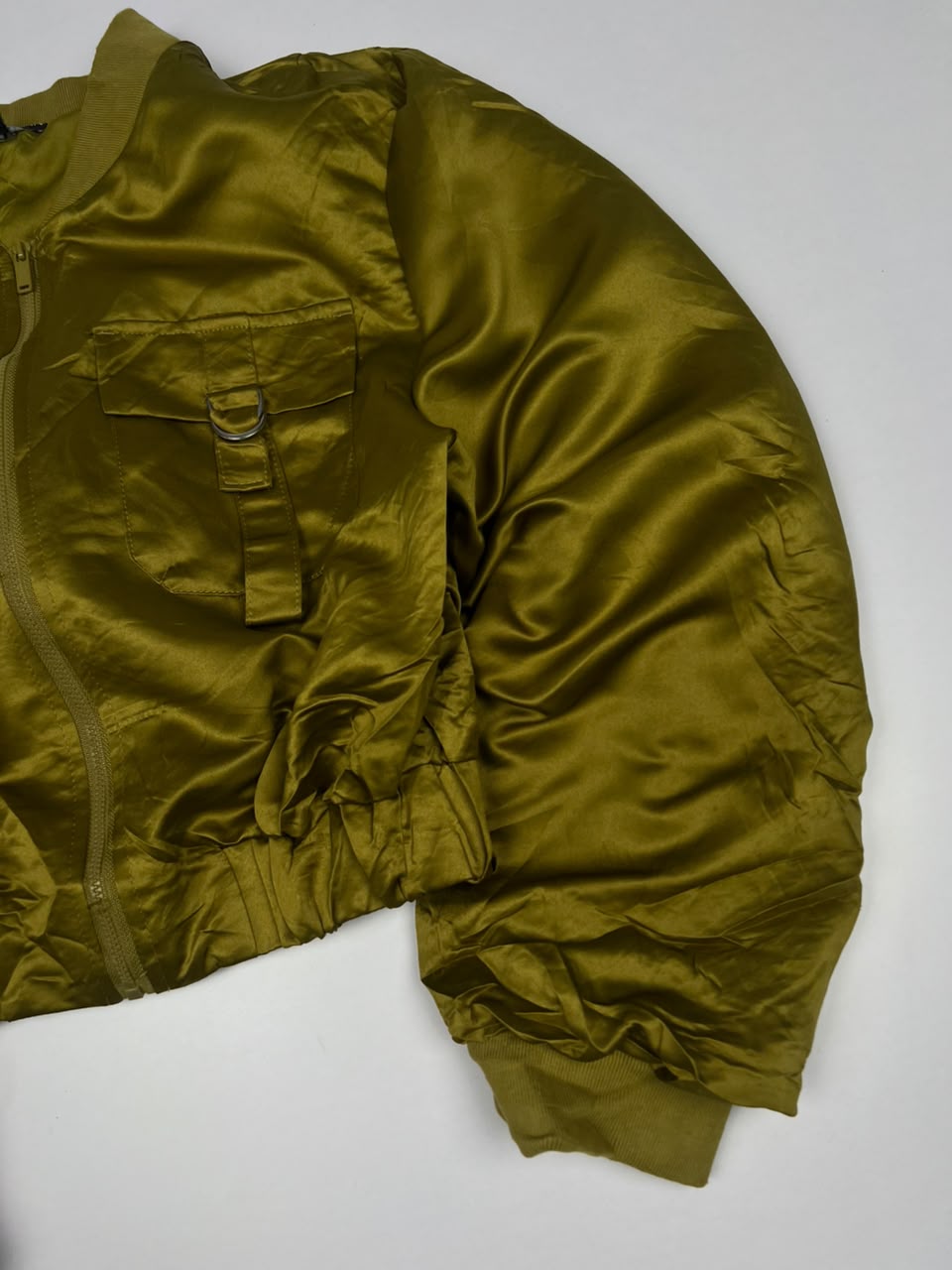 Satin Utility Bomber Jacket with Cargo Pockets and Ribbed Cuffs
