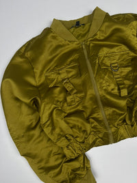 Satin Utility Bomber Jacket with Cargo Pockets and Ribbed Cuffs