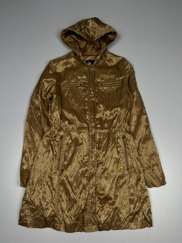 Vintage Bronze Brown Shimmer Hooded Longline Utility Jacket with Zip Pockets