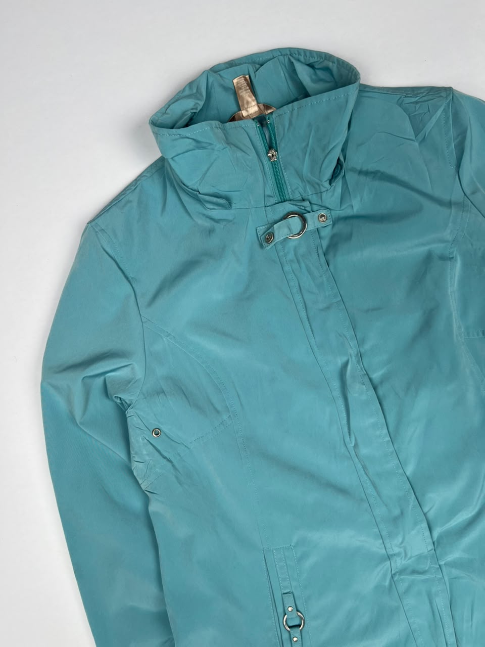 Teal Blue High-Neck Zip-Up Utility Jacket with Metallic Ring Detail Pockets ⚠️ No Zip Puller
