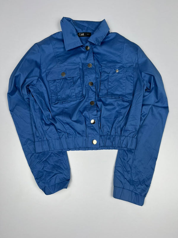 CBR Royal Blue Cropped Button-Down Jacket with Dual Front Pockets and Elasticated Waist