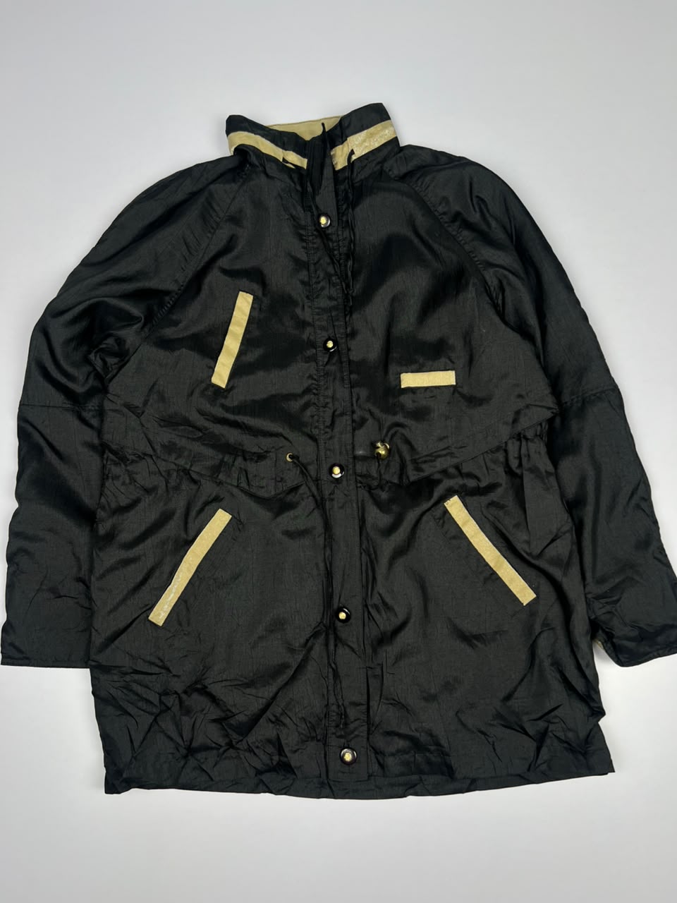 Vintage Hooded-Style Long Jacket with Gold Trim Details and Multiple Pockets