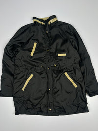 Vintage Hooded-Style Long Jacket with Gold Trim Details and Multiple Pockets