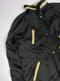 Vintage Hooded-Style Long Jacket with Gold Trim Details and Multiple Pockets