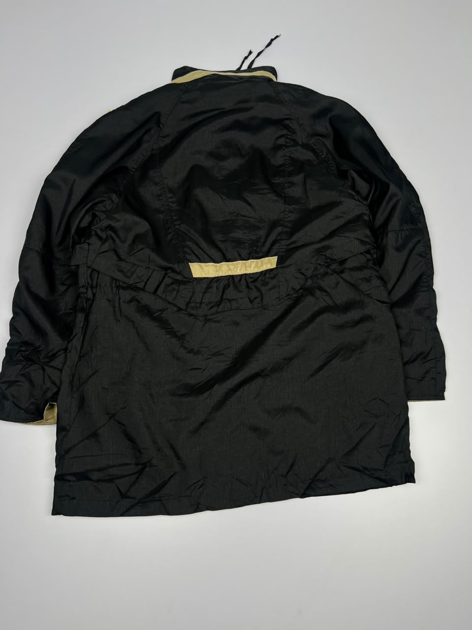 Vintage Hooded-Style Long Jacket with Gold Trim Details and Multiple Pockets