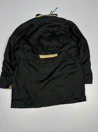Vintage Hooded-Style Long Jacket with Gold Trim Details and Multiple Pockets
