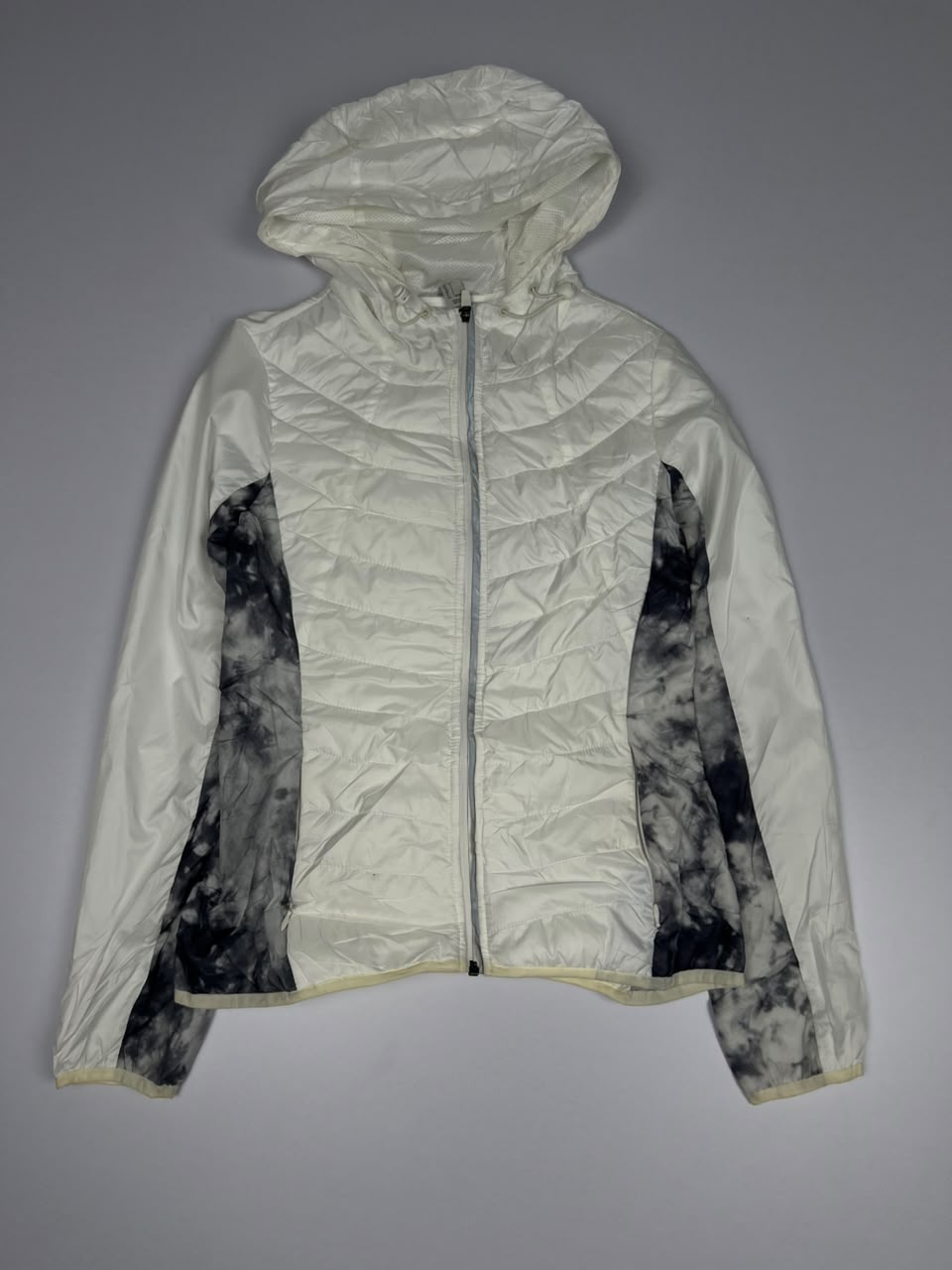 White Quilted Hooded Zip-Up Jacket with Black Tie-Dye Side Panels