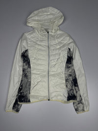 White Quilted Hooded Zip-Up Jacket with Black Tie-Dye Side Panels