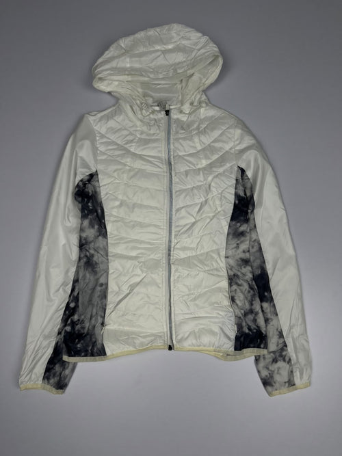 White Quilted Hooded Zip-Up Jacket with Black Tie-Dye Side Panels