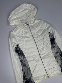White Quilted Hooded Zip-Up Jacket with Black Tie-Dye Side Panels