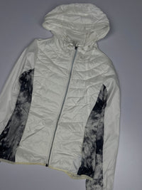 White Quilted Hooded Zip-Up Jacket with Black Tie-Dye Side Panels