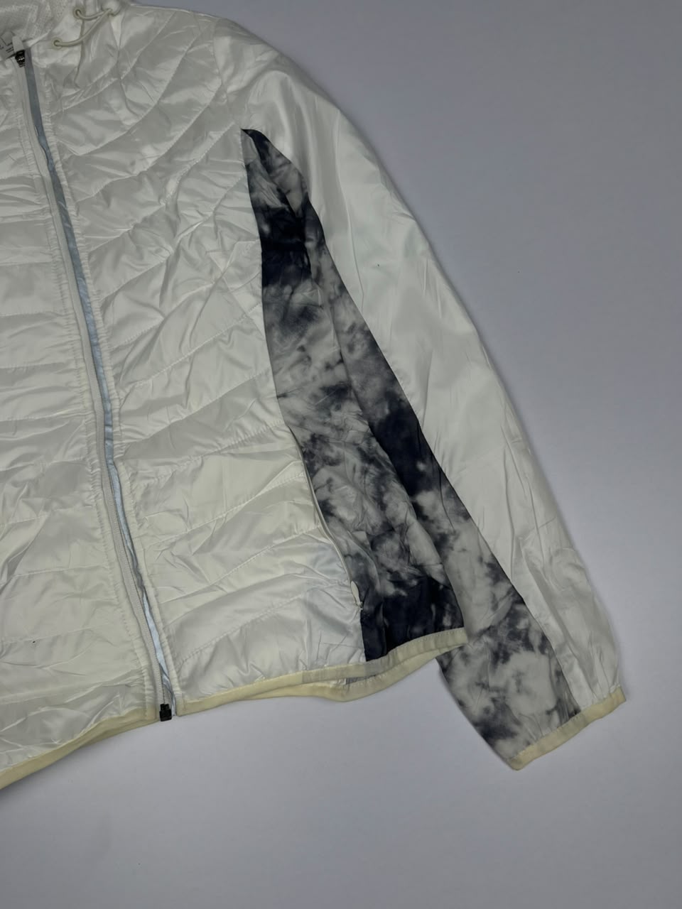 White Quilted Hooded Zip-Up Jacket with Black Tie-Dye Side Panels