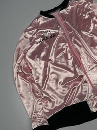 Satin Shimmer Zip-Up Bomber Jacket with Black Ribbed Trim