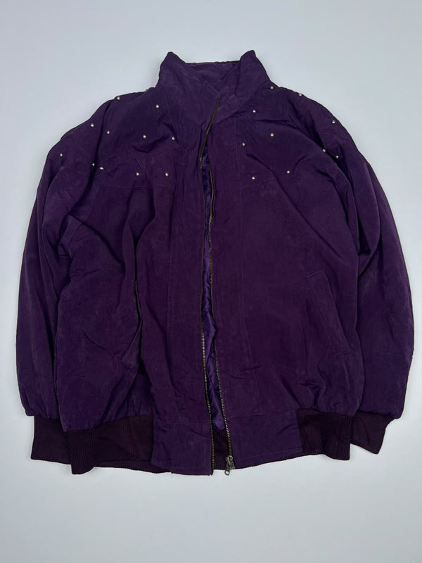 Vintage-Style Purple Faux Suede Zip-Front Blouson Jacket with Stud Detail ⚠️ No Zip