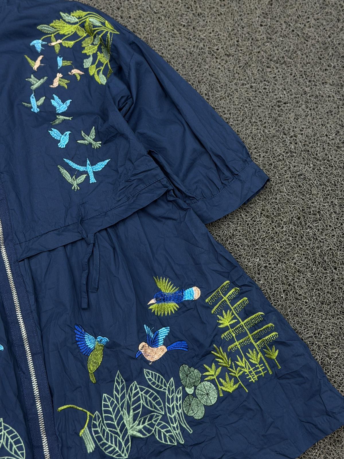 Navy Botanical Embroidered Zip Jacket