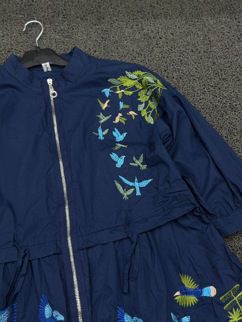 Navy Botanical Embroidered Zip Jacket