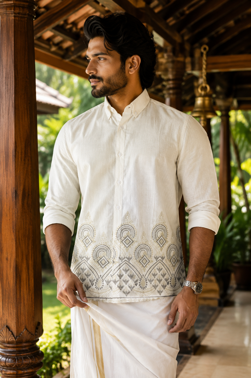 Qlood Cream Printed Button-Down Casual Shirt – Full Sleeve