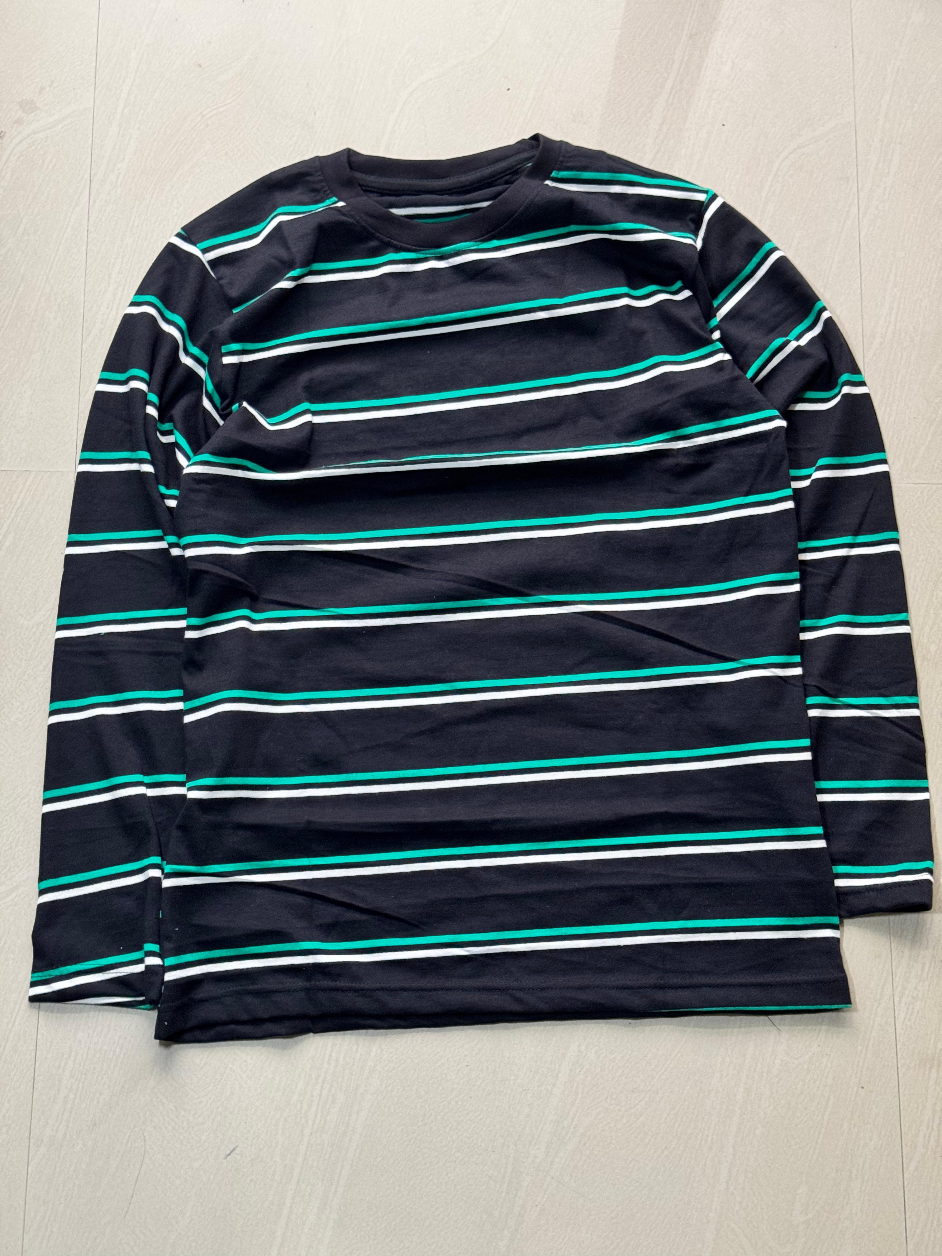 Black & Teal Striped Full Sleeve T-Shirt