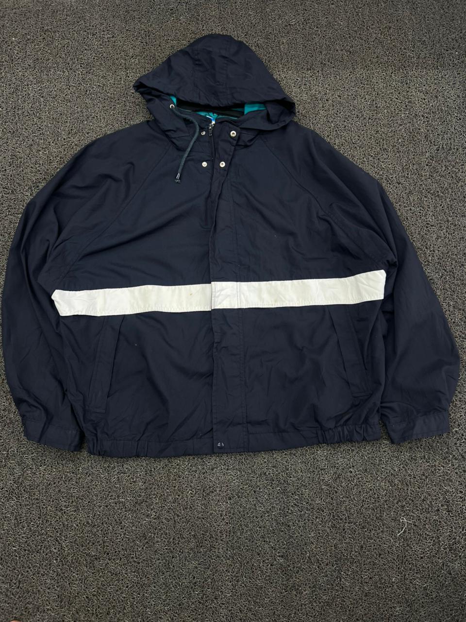 Navy Blue Hooded Windbreaker Jacket with Contrast Stripe