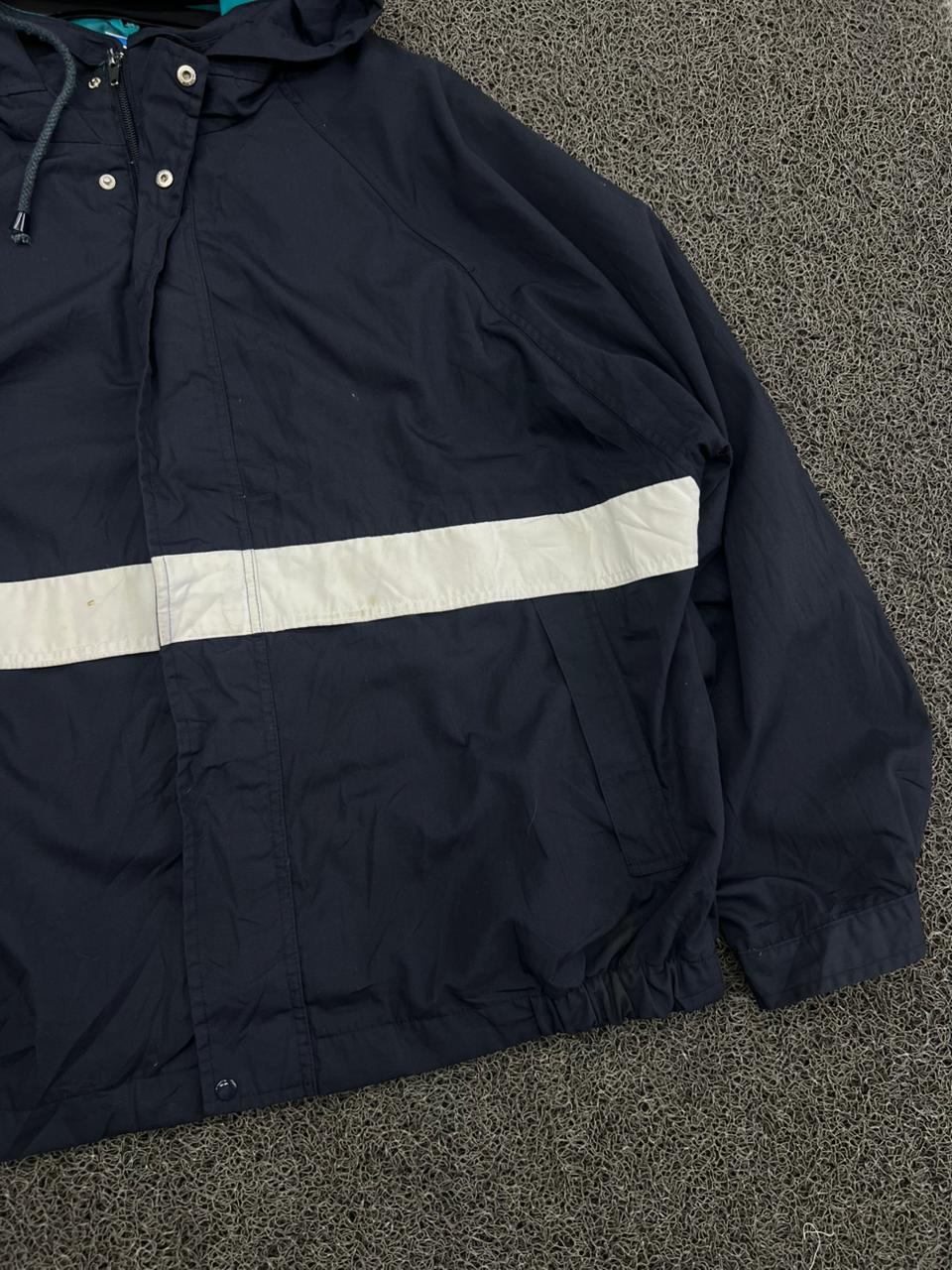 Navy Blue Hooded Windbreaker Jacket with Contrast Stripe