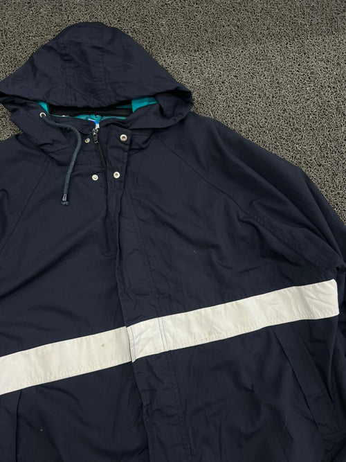 Navy Blue Hooded Windbreaker Jacket with Contrast Stripe