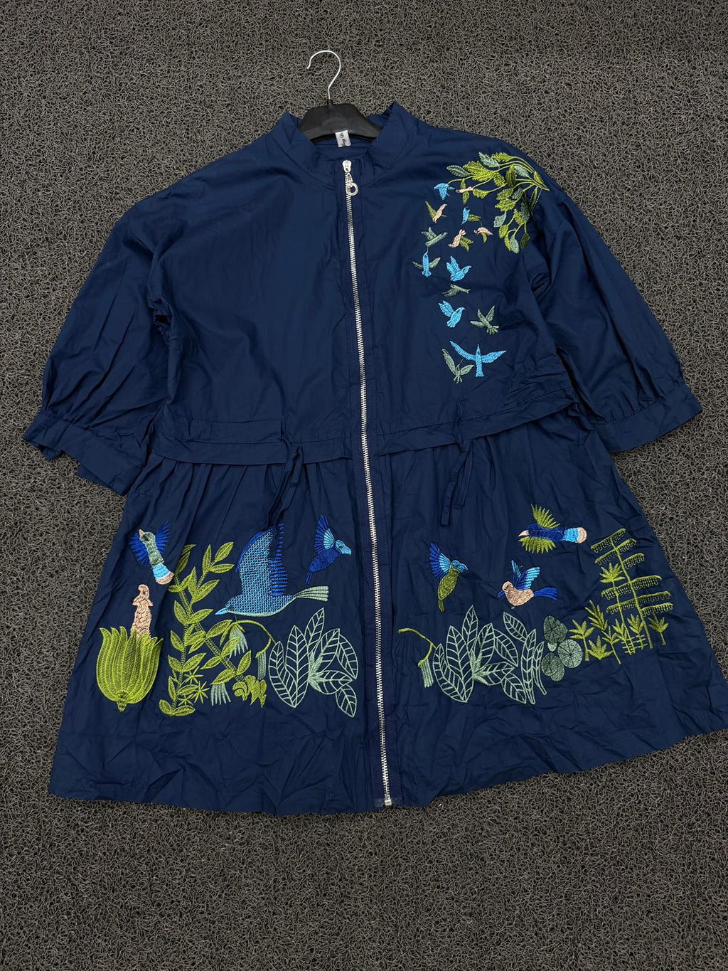 Navy Botanical Embroidered Zip Jacket