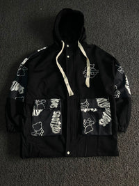 Black Graphic Hooded Utility Jacket – Oversized Streetwear Windbreaker with Multi Pocket Design ⚠️ No Zip