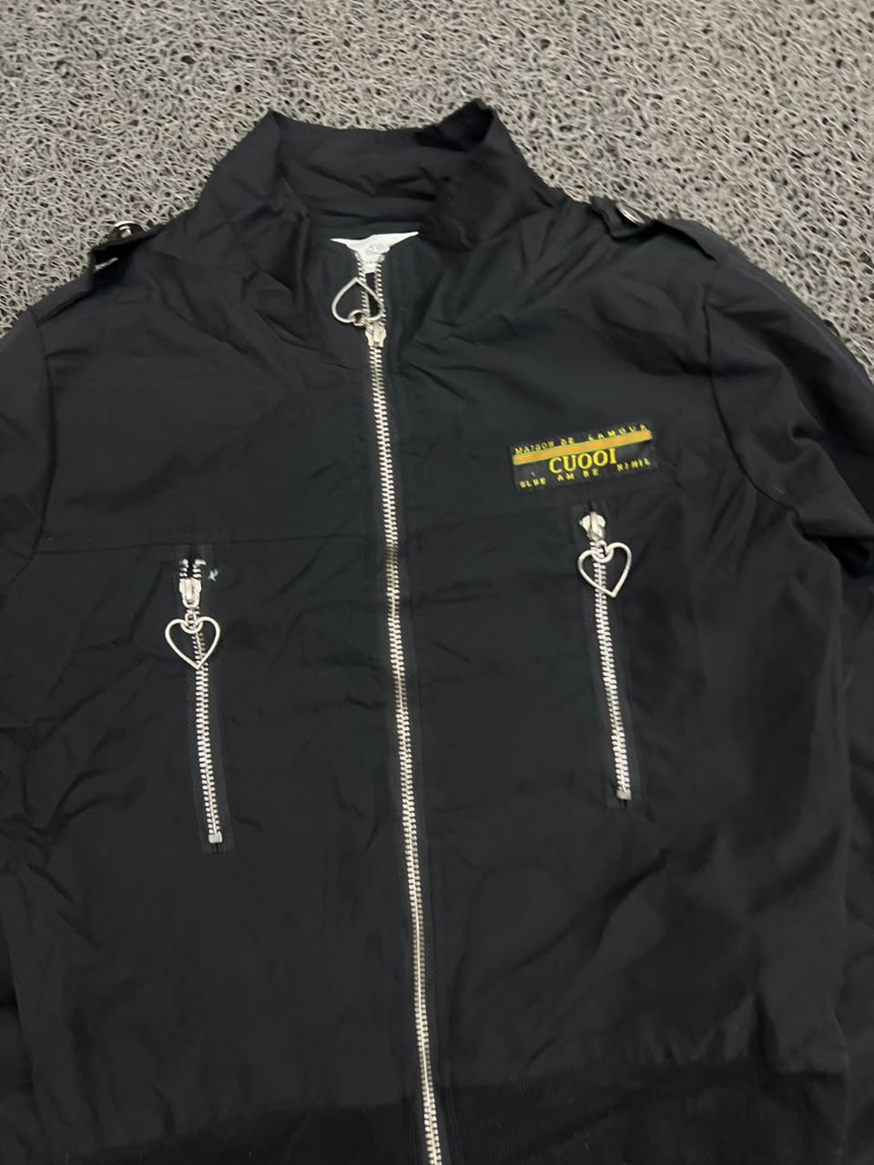 Black Utility Zip-Up Bomber Jacket with Heart Pocket Detail