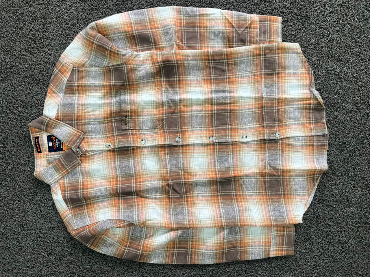 SKINN Colors Smart Fit Brown & Orange Plaid Flannel Shirt