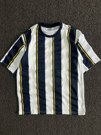 Navy Blue & White Striped T-Shirt with Yellow Accent Details