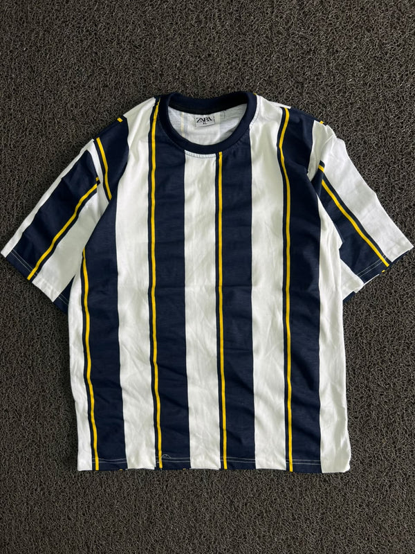 Navy Blue & White Striped T-Shirt with Yellow Accent Details