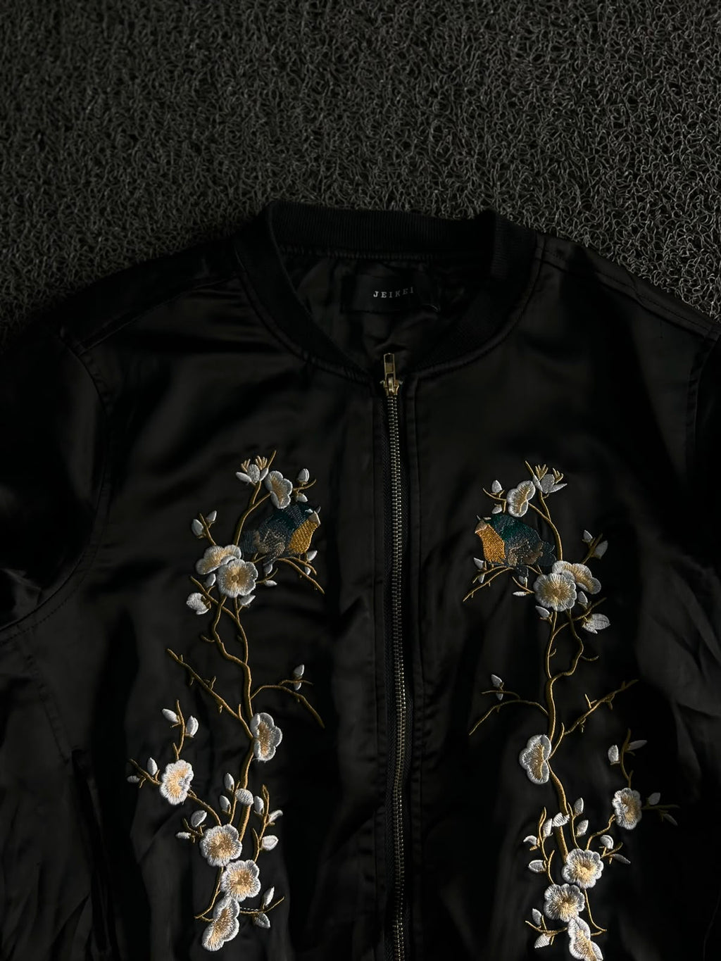 Black Satin Embroidered Floral & Bird Bomber Jacket