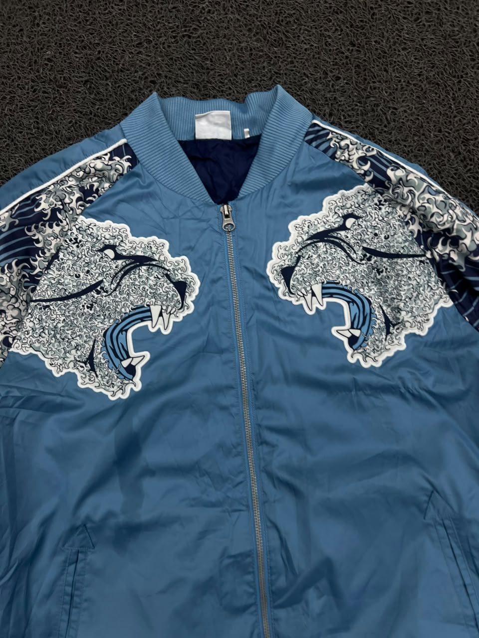 Blue Japanese Wave Tiger Embroidered Bomber Jacket