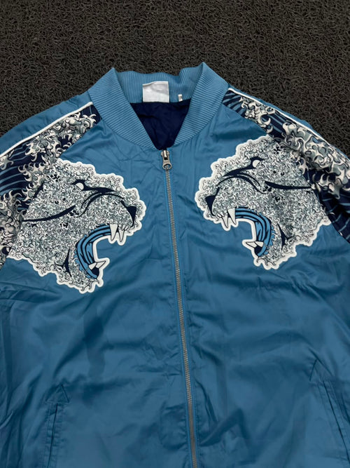 Blue Japanese Wave Tiger Embroidered Bomber Jacket