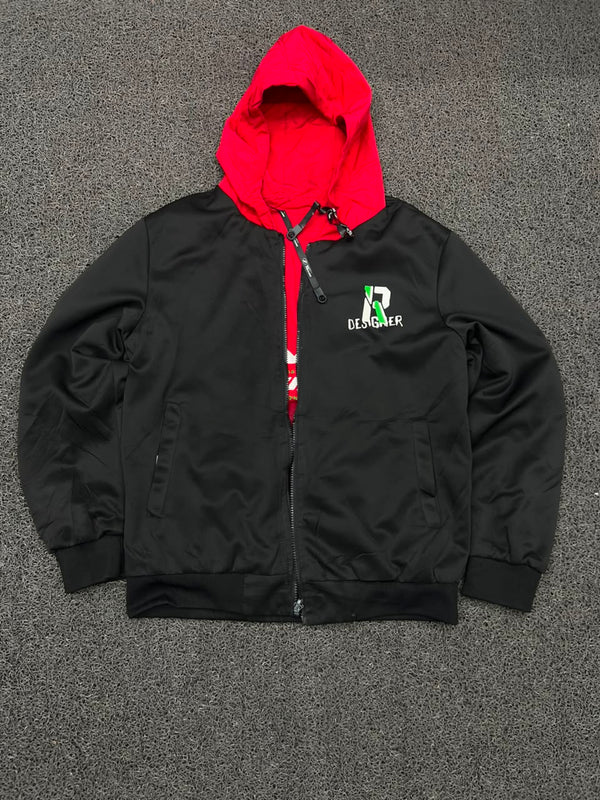 Designer Reversible Hooded Jacket – Black & Red Graphic Windbreaker