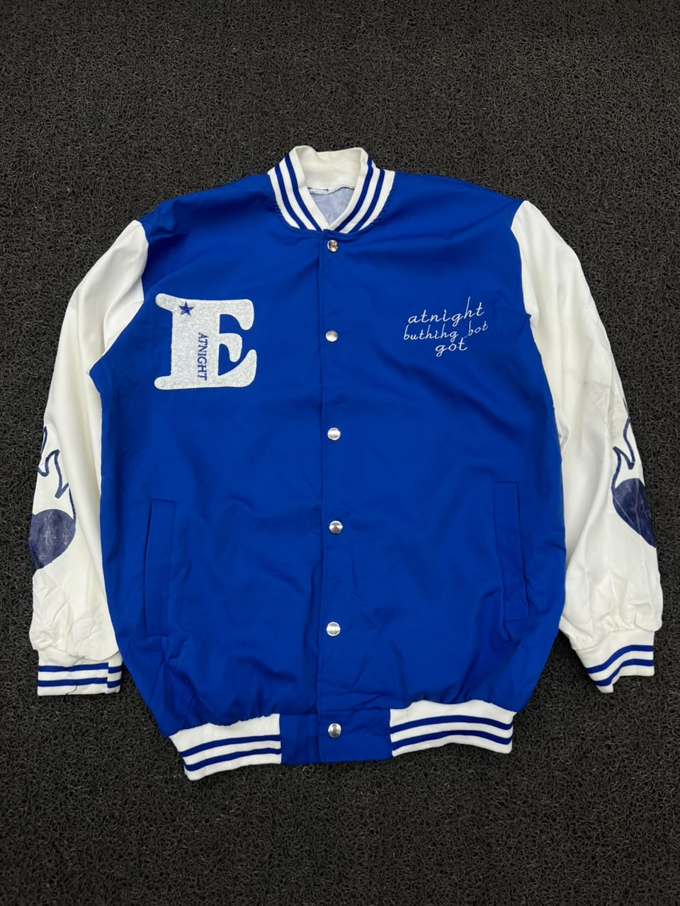 Blue & White Varsity Letterman Jacket – Snap Button Casual Bomber Coat
