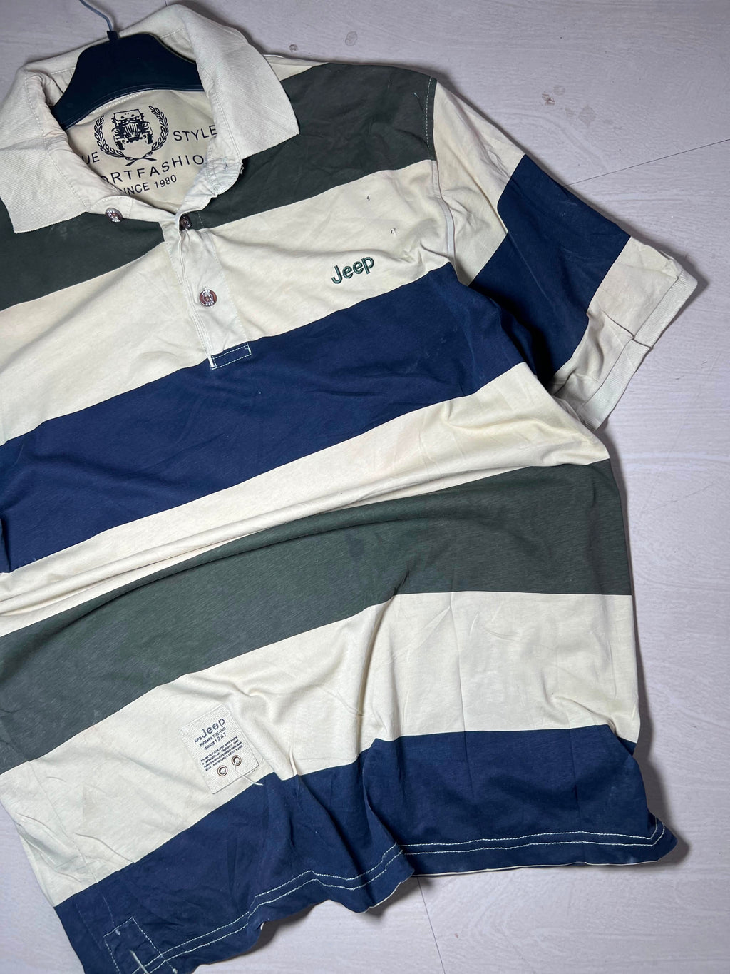 Vintage Jeep Striped Polo T-Shirt – Cream, Navy & Olive Green