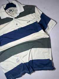 Vintage Jeep Striped Polo T-Shirt – Cream, Navy & Olive Green