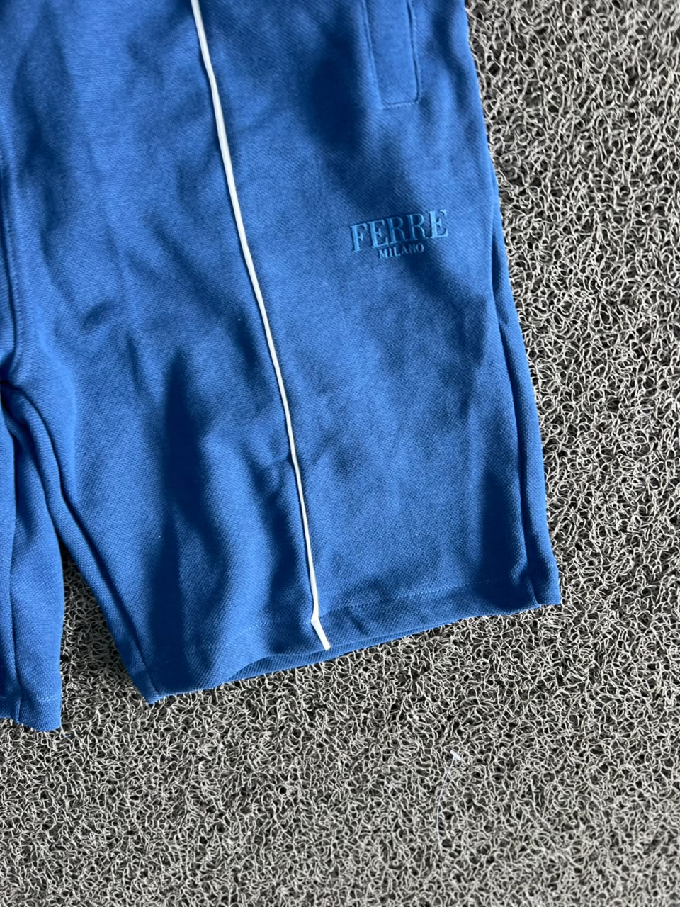 Ferre Milano Blue Drawstring Sweat Shorts – Men's Casual Cotton Lounge Shorts with White Piping