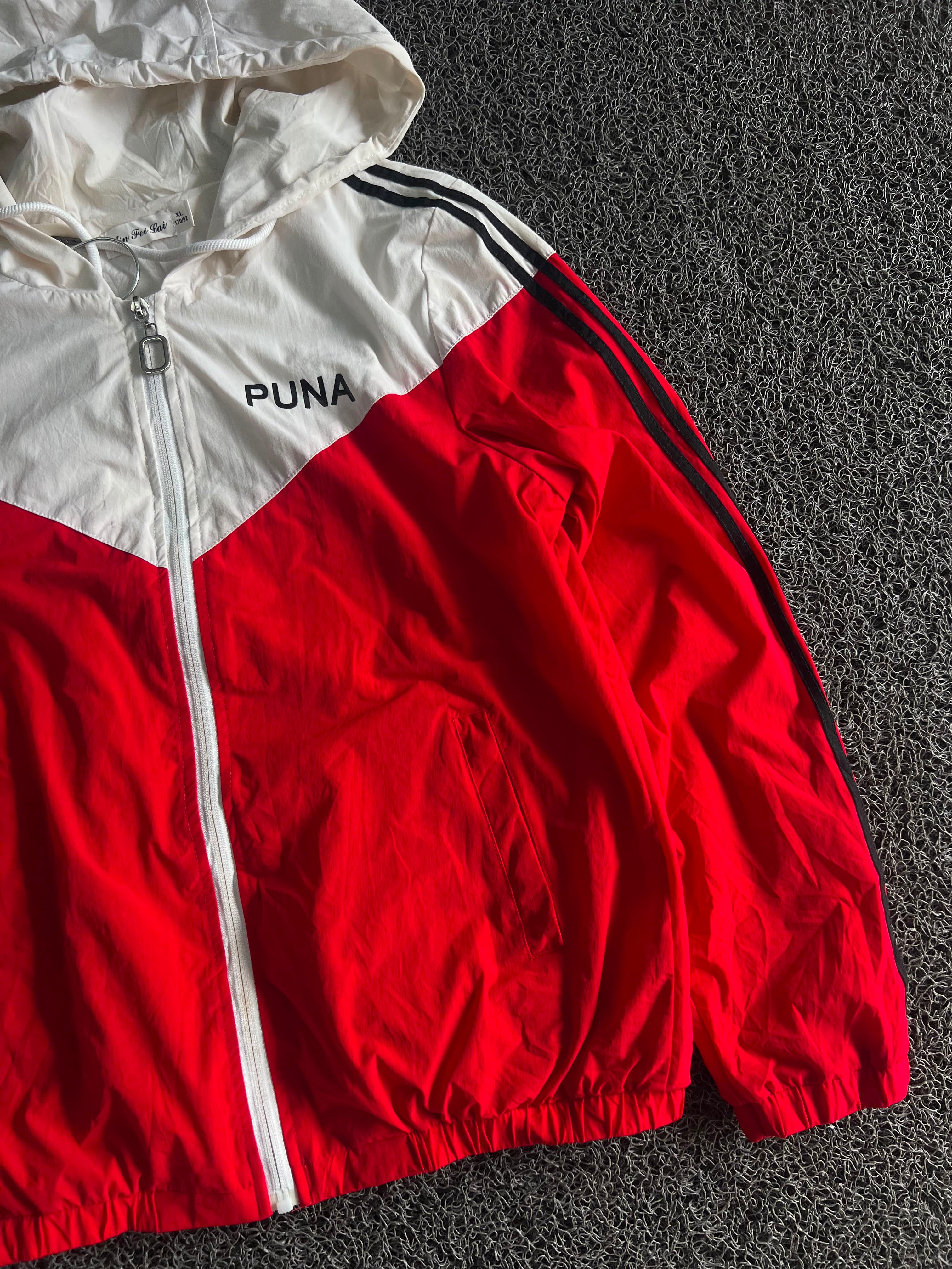 PUNA Red White Hooded Windbreaker Jacket with Contrast Stripes