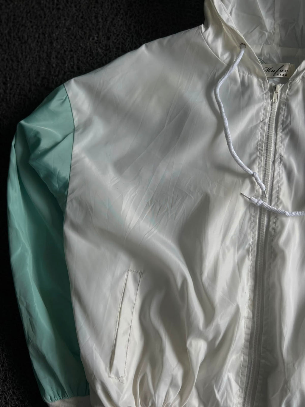 White & Mint Colorblock Hooded Windbreaker Jacket