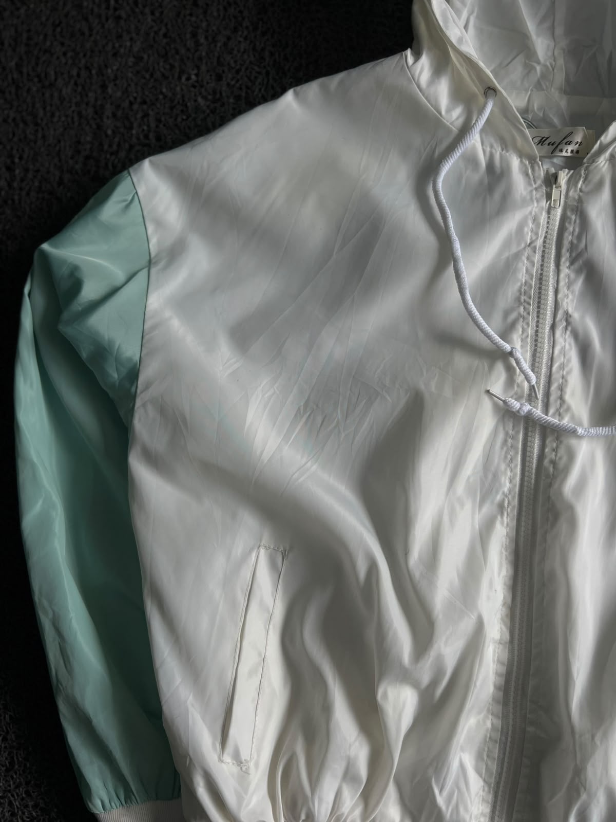 White & Mint Colorblock Hooded Windbreaker Jacket