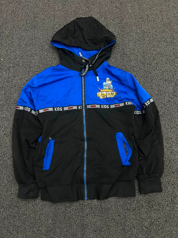 Blue & Black Hooded Zip-Up Jacket – Graphic Print Casual Windbreaker