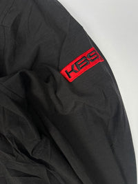 Black Full-Zip Bomber Jacket with Red Sleeve Logo and Chest Pocket