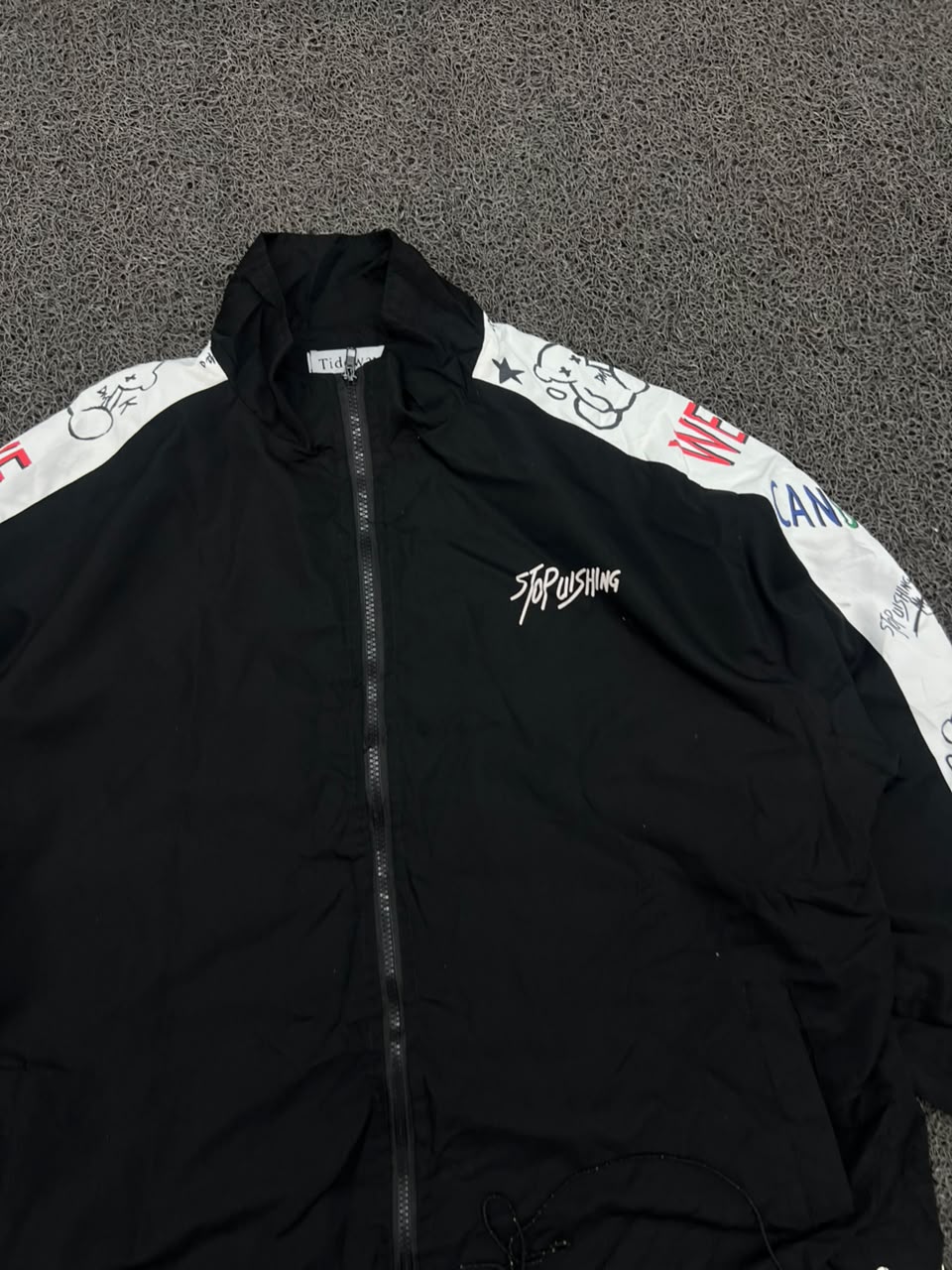 Stop Pushing Graphic Sleeve Black & White Zip-Up Windbreaker Jacket