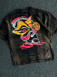 Raudhran Washed Graphic Oversized T-Shirt – Black | Double-Sided Print