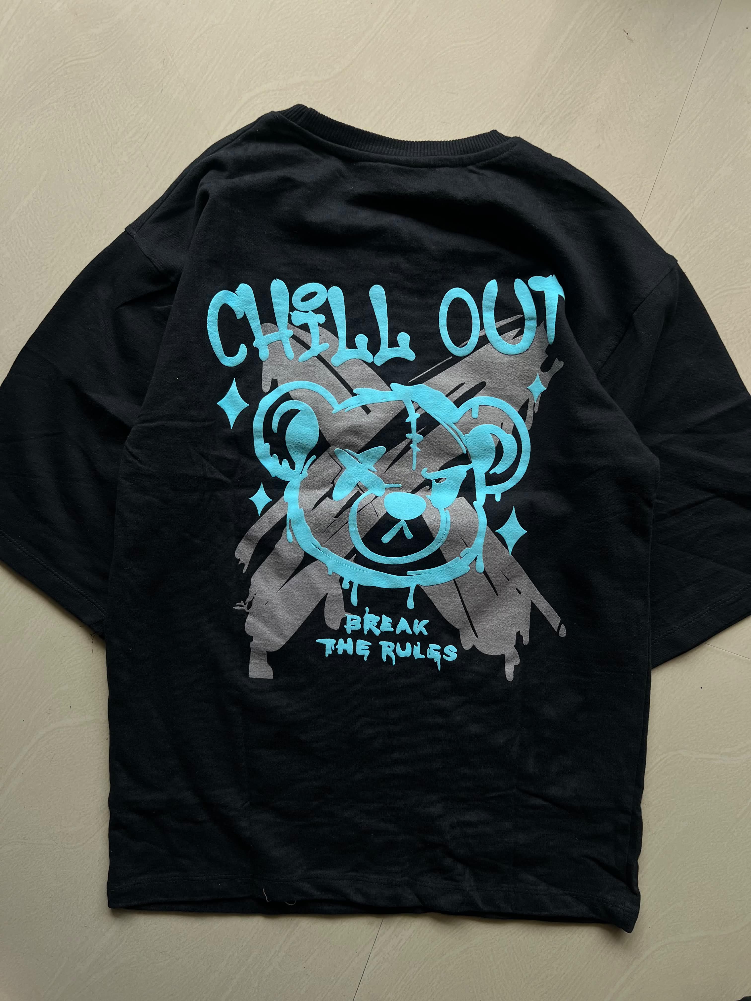 Chill Out Bear Graphic Oversized Black T-Shirt