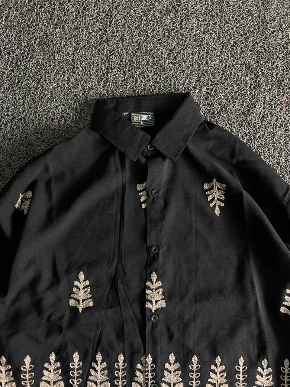 Black Embroidered Leaf Pattern Button-Up Oversized Shirt