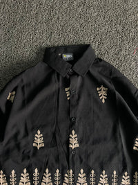 Black Embroidered Leaf Pattern Button-Up Oversized Shirt