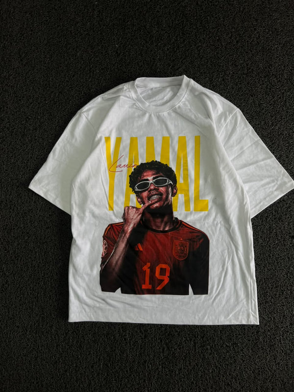 White Graphic T-Shirt with Yellow “YAMAL” Print & Football Player Graphic